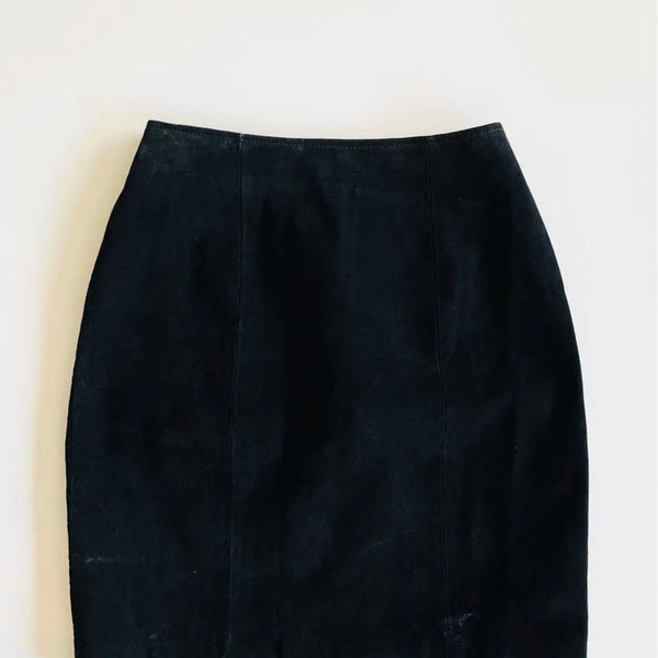 Black suede leather fitted mini skirt short 90s XS S M 80s high waist
