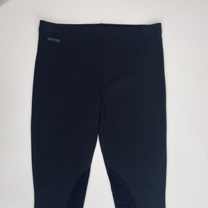 May include: Black riding leggings with a subtle sheen. The leggings have a small logo on the waistband and a mesh panel on each knee.