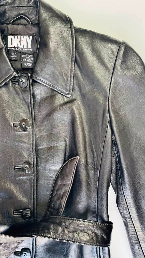 Vintage 90s DKNY black leather belted jacket - Si… - image 2
