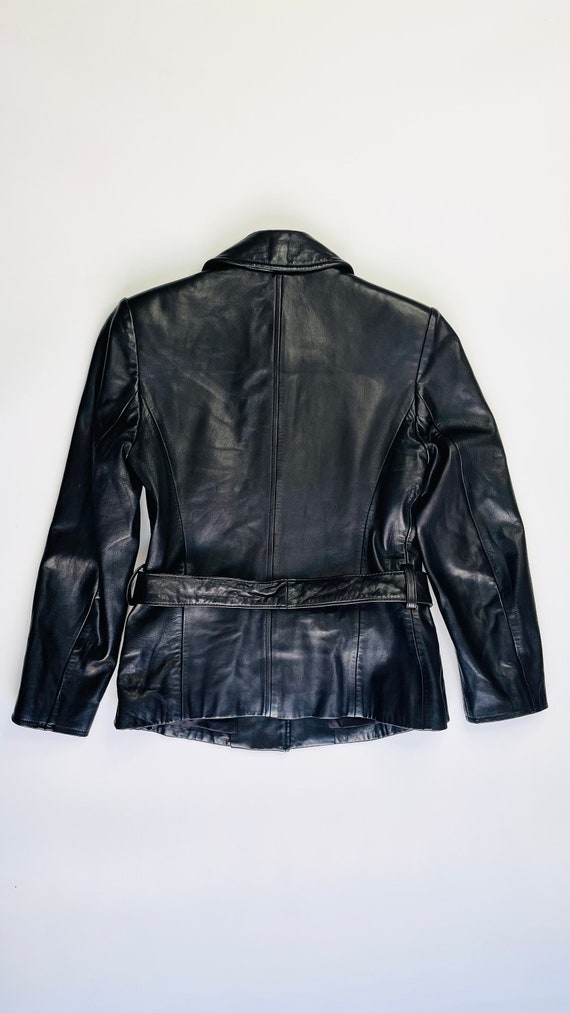 Vintage 90s DKNY black leather belted jacket - Si… - image 3