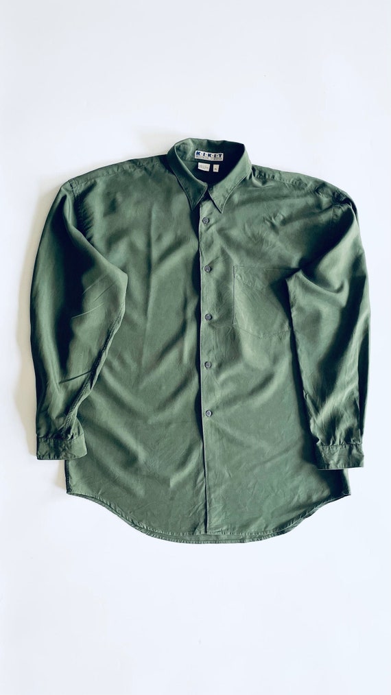 Vintage 90s green silk button up shirt - Size XL - image 1