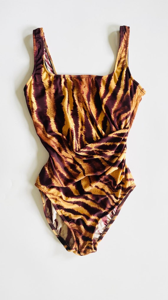 Vintage 90s brown & black tiger striped swimsuit … - image 1