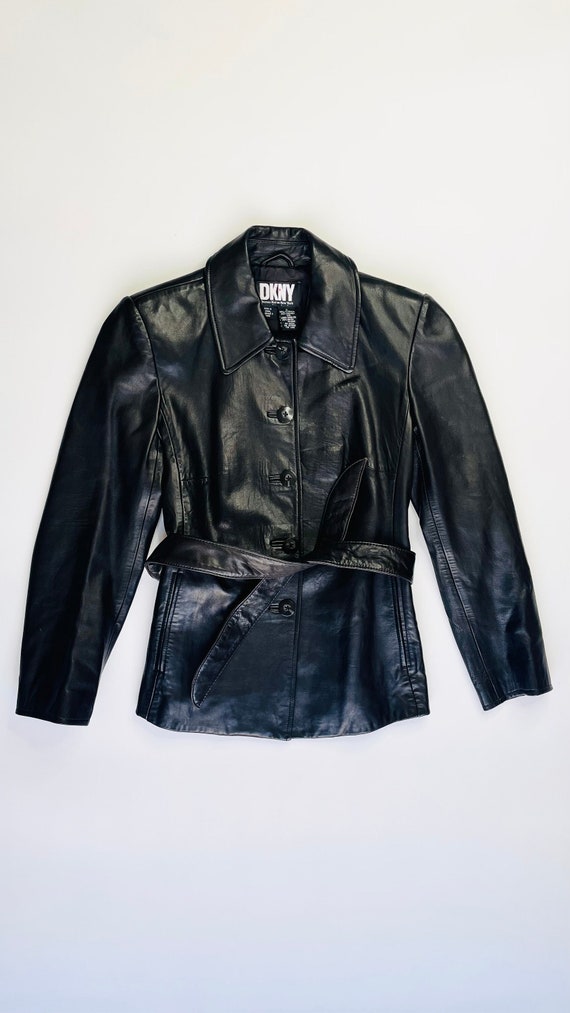 Vintage 90s DKNY black leather belted jacket - Si… - image 1