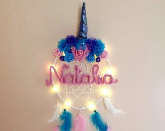 Unicorn dream catcher knitted first name birthday gift - children's room decoration - baptism gift - birth gift