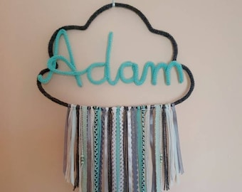Attrape rêve nuage prénom en tricotin personnalisable cadeau anniversaire - décoration chambre enfant- cadeau baptême - cadeau naissance