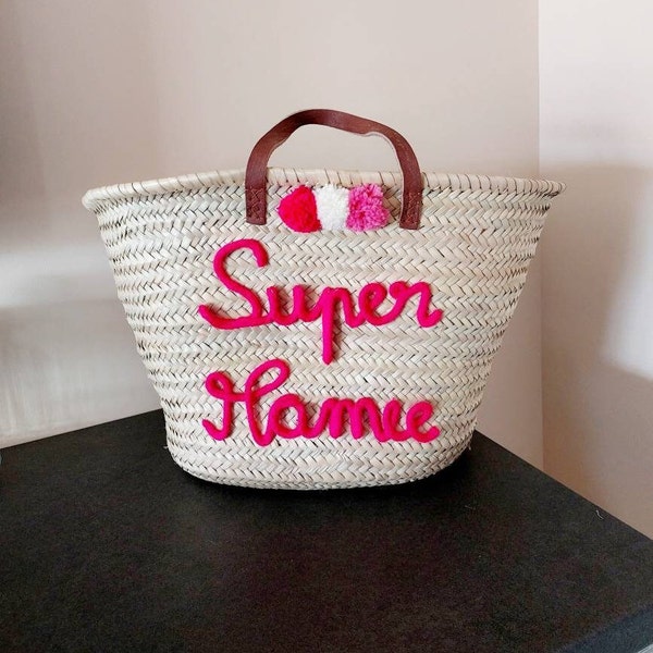 Panier osier personnalisé en tricotin pour mamie - texte personnalisé - Cadeau maman - Fête des mères Fête des grands-mères  Super Maman