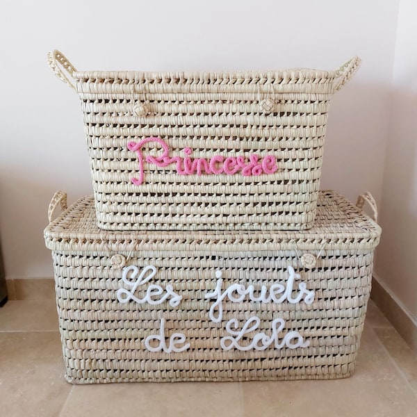 Malle de rangement en osier personnalisé - Coffre à jouets personnalisé - 60 cm - coffre de rangement à personnalisé en tricotin