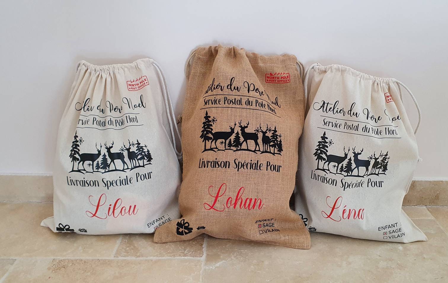 Hotte de Noël Personnalisable avec Prénom en Coton ou Jute