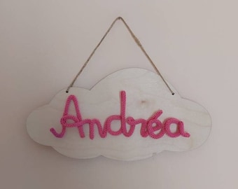 Prénom en tricotin sur nuage en bois décoration porte décoration chambre anniversaire cadeau naissance baptême anniversaire déco chambre