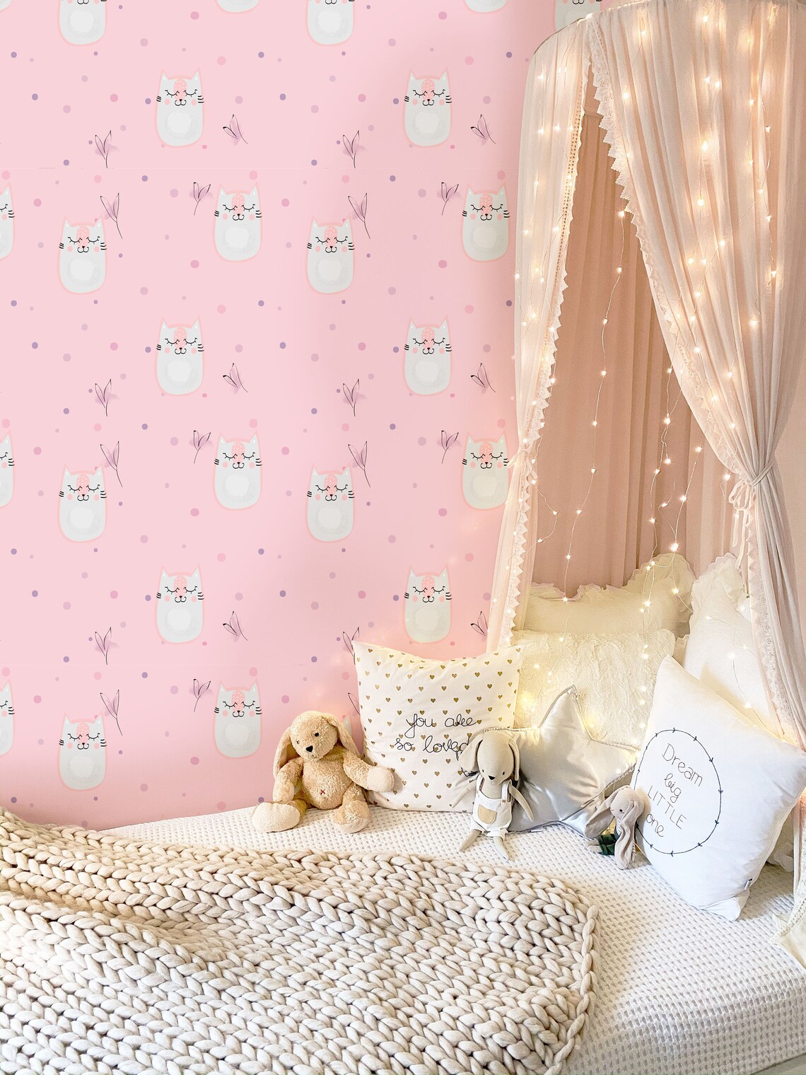 Kitty Mural Nursery Wallpaper Pink Mural Girl Room Cute - Etsy