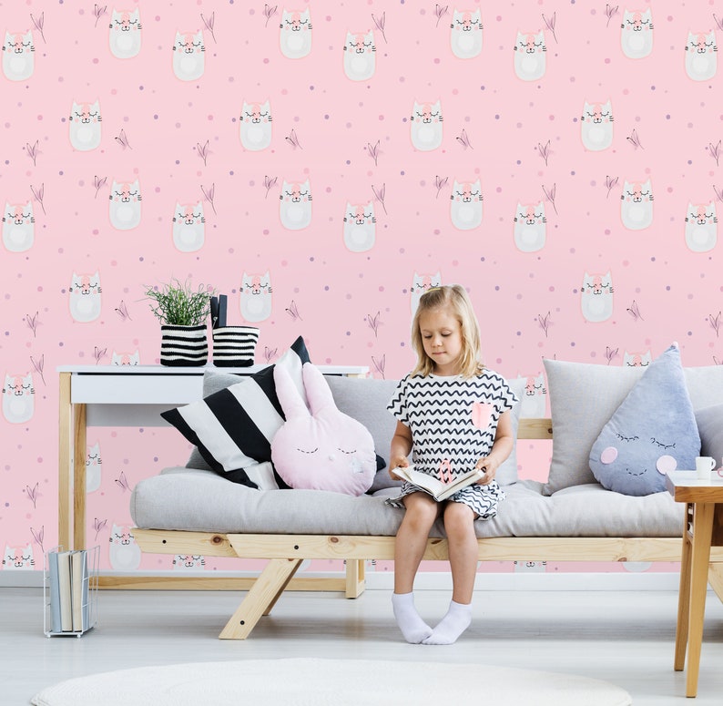 Kitty Mural Nursery Wallpaper Pink Mural Girl Room Cute Etsy