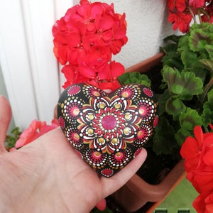 Red Passion mandala stone, rock painting