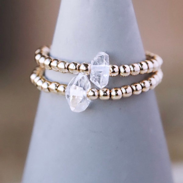 Herkimer Diamond Gold Stackable Beaded Ring| 14kt Gold Filled Ball Rings | Stretchy Gold Ball Ring