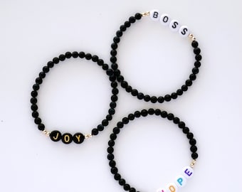 4mm Matte Black Onyx Personalized Beaded Name Bracelet | Custom Word Beaded Bracelet | Name Bracelet | Custom Name Bracelet