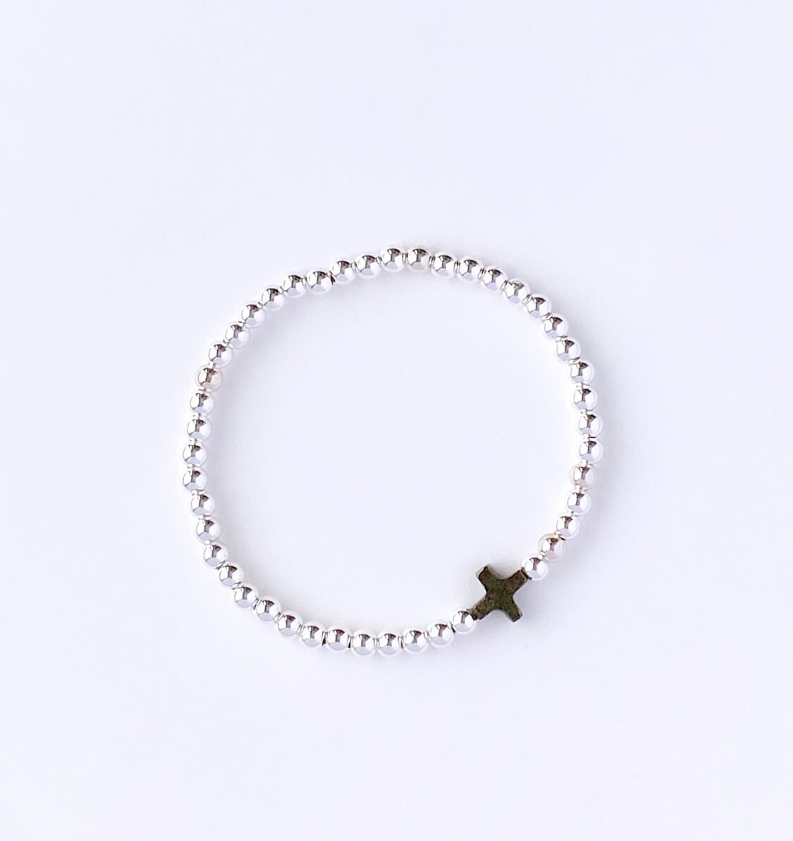 Sterling Silver Beaded Bracelet With Pyrite Cross Charm