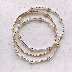 Silver & Gold Stack | 14kt Gold filled Ball Beaded Bracelets | Personalized Beaded Name Bracelet | Custom Word Beaded Bracelet