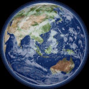 May include: A pixelated image of the Earth, showing the continents and oceans in shades of blue, green, and brown.