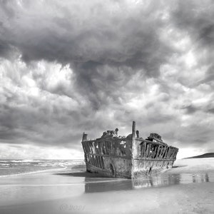 MAHENO SHIPWRECK ,  Original Black and White  Photography, Fine Art Print, Seascape ,Boats ,Fraser Island , Aust. Clouds. Home Decor