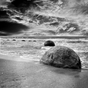 MOERAKI  BOULDERS . Original Black and White Surreal Landscape Photograph, Fine Art Print,New Zealand, Seascape Home Decor.