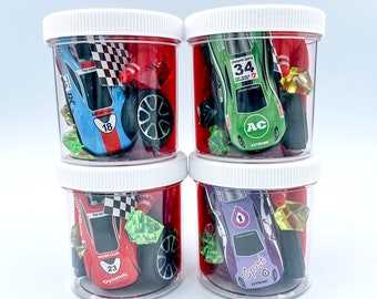 Race Car Play Dough Party Favors, Vehicle Play Doh Sensory Jars, Kids Birthday Gift, Class Goodie Bags, Homemade Play Dough