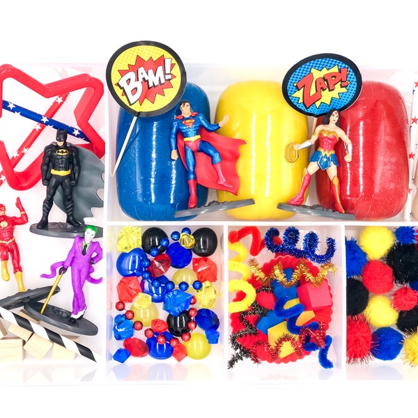 Superhero Play Dough Kit, Justice League Sensory Kit, Superhero Busy Box, Marvel Loose Parts Kit, DC Comics, Kids Birthday Gift