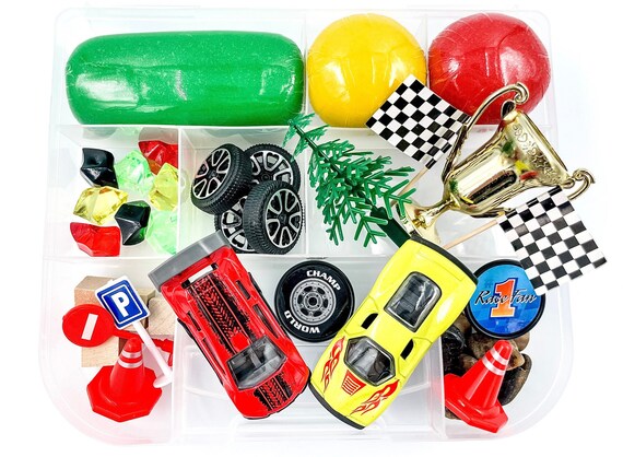 Race Car Play Dough Kit, Race Track Play Doh Sensory Kit, Vehicle Busy Box,  Nascar Homemade Play Dough Kit, Kids Birthday Gift 