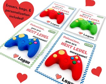 Video Game Valentine Eraser Cards, Assembled Class Favors, Personalized Valentine’s Goodie Bags, Non-Candy School Classroom Party Gift