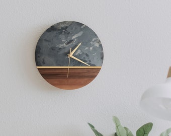 Modern round gold-striped wall clock with stone and wood texture, silent movement, unique gift, geometry design