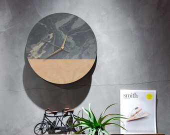 Modern stone and light wood round wall clock, silent movement, golden clock hands, unique gift, without numbers, geometryc design
