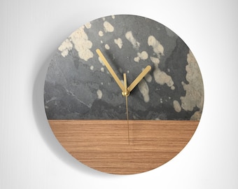 Geometry round wall clock with stone and wood texture, silent movement, gold clock hands, unique gift, geometryс design