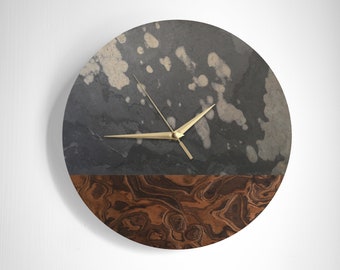 Reloj de pared redondo moderno de piedra y madera, movimiento silencioso, manecillas doradas, regalo único, diseño geométrico