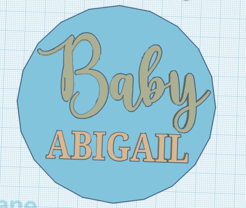 Pode incluir: Um c&iacute;rculo azul claro com o texto "Baby ABIGAIL" em bege e cinza.