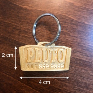 Puede incluir: Una etiqueta rectangular beige para mascotas con el nombre "PLUTO" y un n&uacute;mero de tel&eacute;fono. La etiqueta mide 4 cm de largo y 2 cm de alto, sujeta a un llavero plateado.