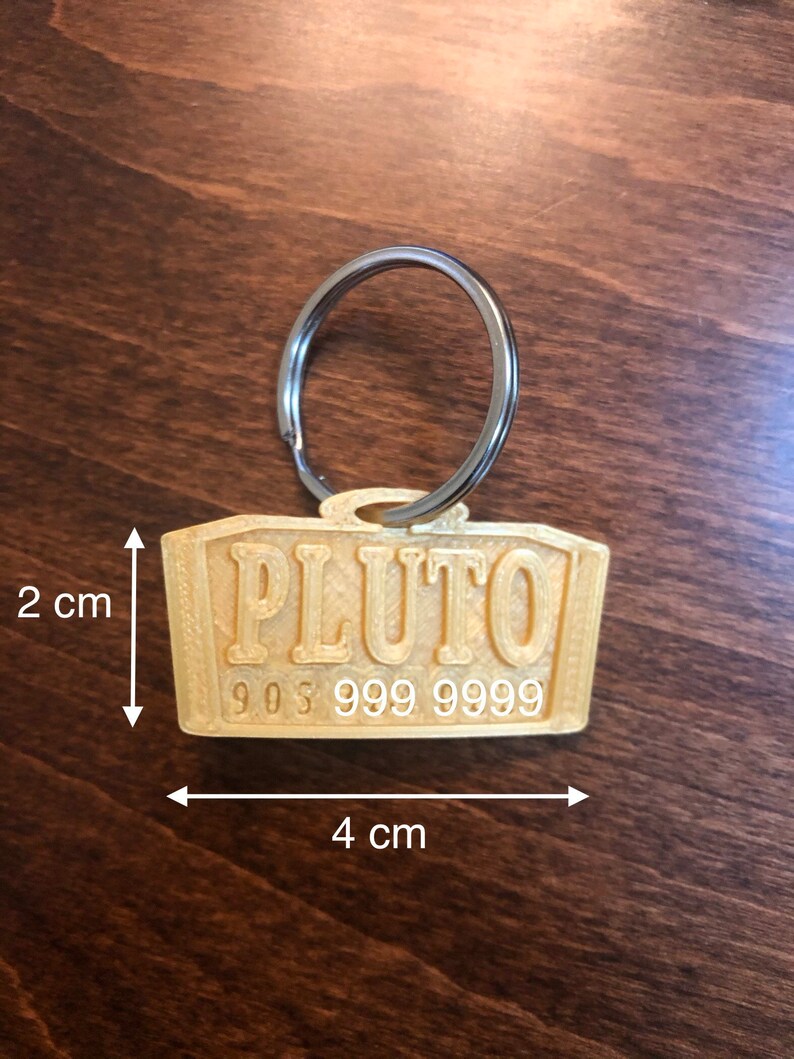 Puede incluir: Una etiqueta rectangular beige para mascotas con el nombre "PLUTO" y un n&uacute;mero de tel&eacute;fono. La etiqueta mide 4 cm de largo y 2 cm de alto, sujeta a un llavero plateado.