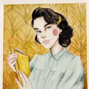 Vintage jovem mulher dos anos 1930 Art Déco Livro de Nova York Cartão postal Arte original Ilustração Pintura em aquarela Detalhes dourados exclusivos