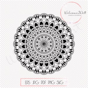 Op de afbeelding: Zwart-wit mandala-ontwerp met ingewikkelde details. De mandala is rond en heeft een symmetrisch patroon.
