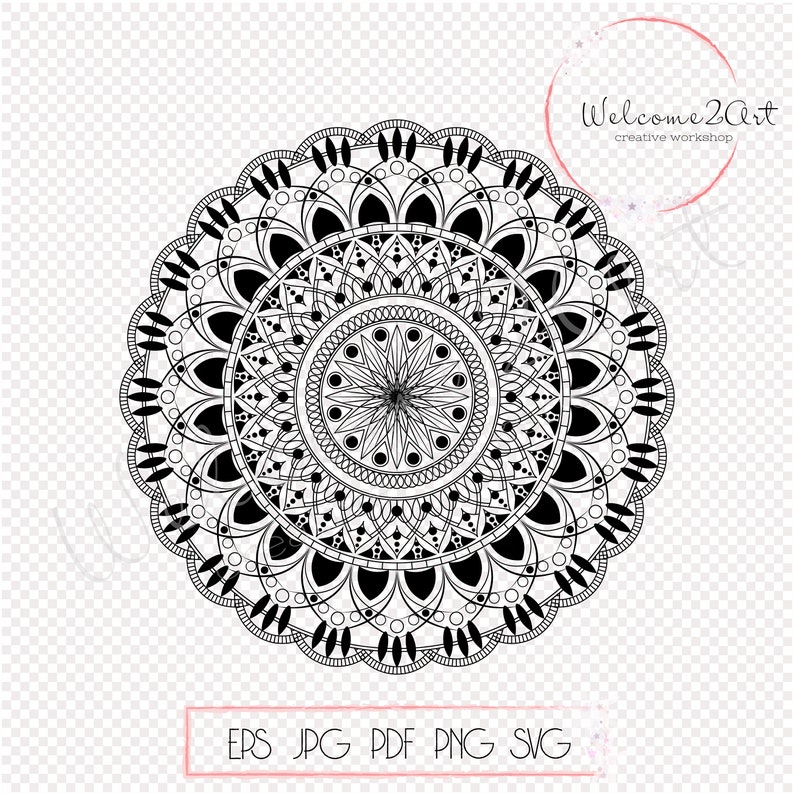 Op de afbeelding: Zwart-wit mandala-ontwerp met ingewikkelde details. De mandala is rond en heeft een symmetrisch patroon.