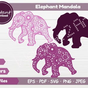 May include: Two purple elephant mandala designs, one with a detailed mandala pattern and the other a solid silhouette. The text "Elephant Mandala" is at the top of the image. The text "Instant download" is in a circle at the top left of the image. The text "3 layers" is in a rectangle at the bottom left of the image. The text "cut files" is in a rectangle at the bottom left of the image. The text "EPS PDF SVG PNG JPEG" is at the bottom right of the image.