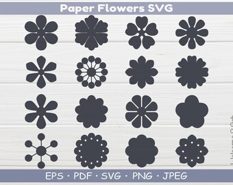 May include: A set of 16 black and white paper flower SVG cut files. The flowers are in various shapes and sizes, including simple circles, stars, and more intricate designs.