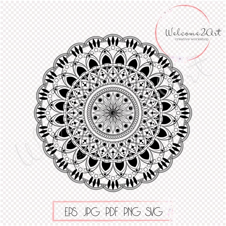 Op de afbeelding: Zwart-wit mandala-ontwerp met ingewikkelde details. De mandala is rond en heeft een symmetrisch patroon.