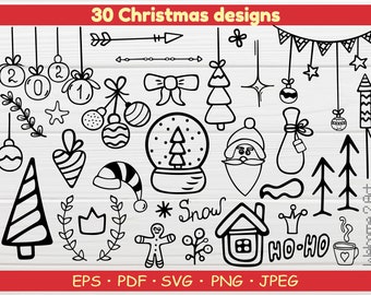 Clip Art invernale, ClipArt di Natale, Doodle Hand Drawn, Vacanze, Ornamenti di Natale, fiocchi di neve svg, albero di Natale, clipart doodle, Natale