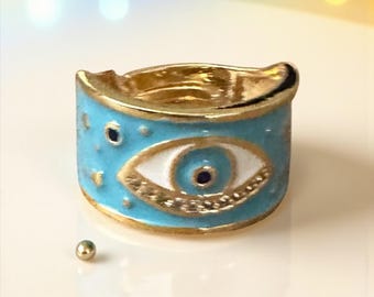 Evil Eye Ring, blue, Wide Band, Gold Adjustable enamel