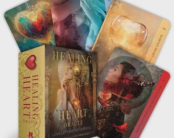 May include: A Healing Heart Oracle card deck set featuring a rectangular box with gold text and a central illustration of a person with a sun emblem, surrounded by four individual oracle cards displaying artistic imagery of hearts and figures.