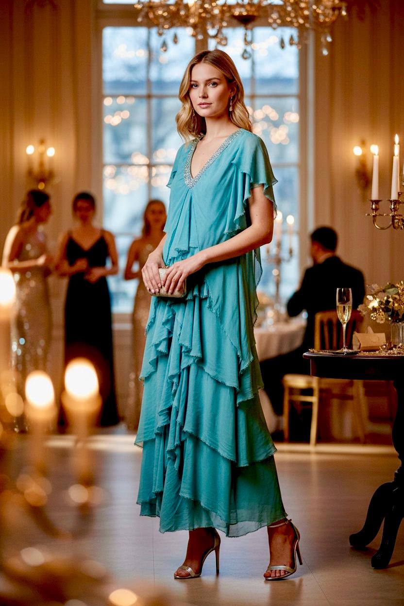 chinese dress ladies Silk Ruffle Layered Short Sleeve Maxi Dress (5 Colours)