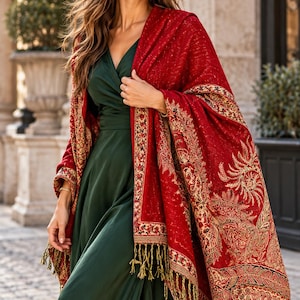 May include: A dark green sleeveless dress with a V-neckline paired with a large red shawl featuring intricate gold and black paisley patterns and decorative fringe along the bottom edges, draped over the shoulders and arms.