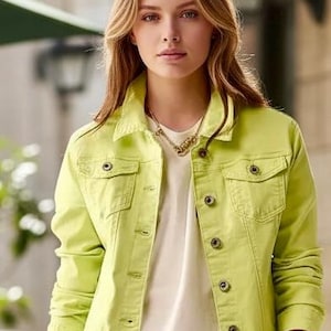 Lime Slim Fit Denim Jacket Women – Stretch Cotton Jean Jacket – Fitted all seasons Button Front Classic Style jacket – Runs Small