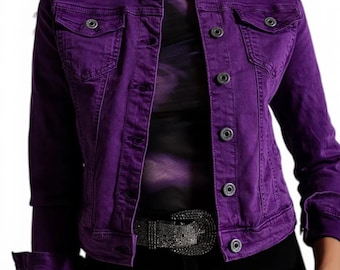 Veste camionneur en jean violette coupe slim pour femme - Jean en coton stretch ajusté automne-hiver - Style classique boutonné - Taille petit