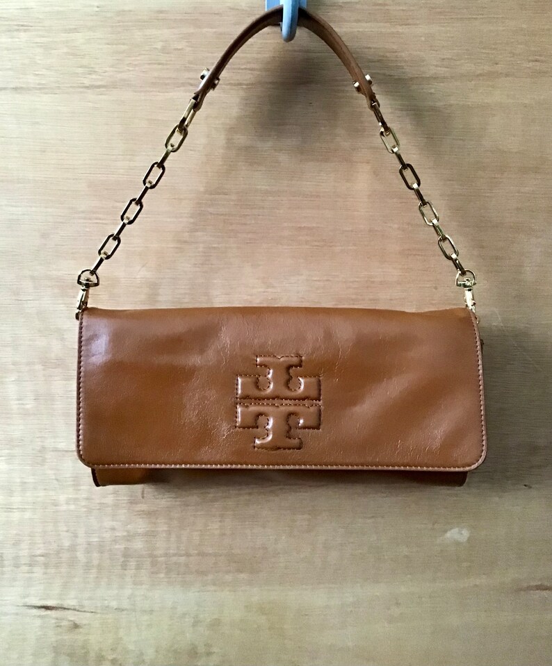 Tory Burch Leather Shoulder Handbag Camel Chain Link Strap Authentic