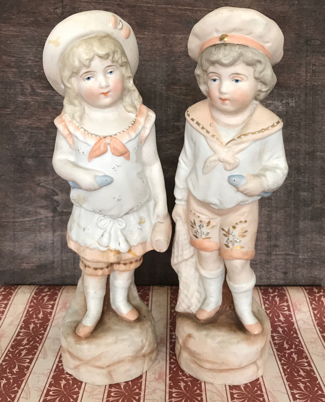 German Bisque Figurine Pair of Fishermen/women Reminiscent of Gebruder