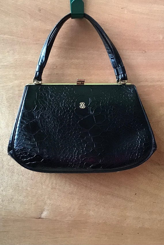 Crocodile Embossed Black Leather Satchel Handbag 1